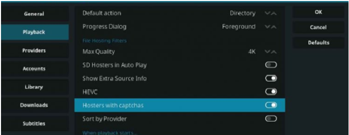 After selecting playback from the left side disable hosters with captcha option