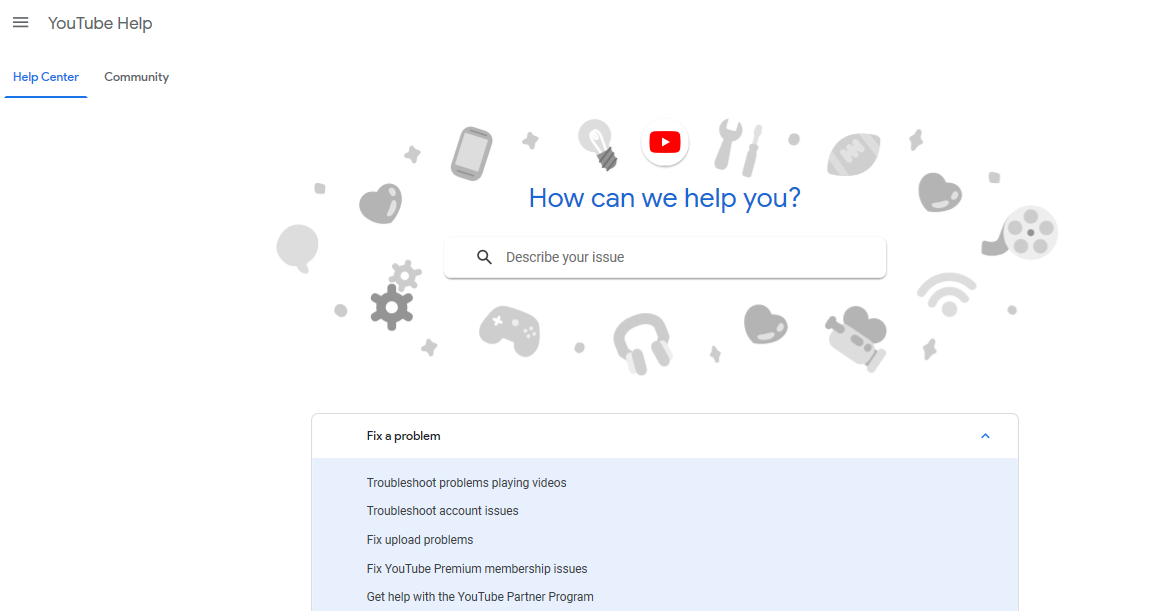 community tab of the YouTube Help Centre