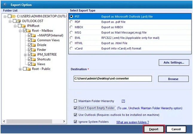 Choose the PST radio option, set the destination of converted file and click on Export
